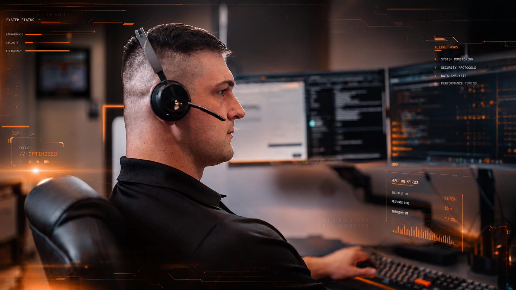 Aligned Technology Partners team member wearing a headset at a multi-monitor workstation